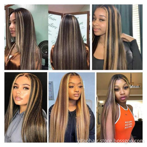 Wholesale price  piano color  Synthetic Hair Wigs With Highlights  Pre-Plucked T lace Wig Big Factory Stock